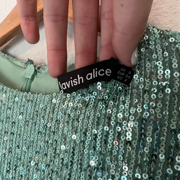 Lavish Alice Sequin Feather Embellished Midi Dress Sage Green - Picture 6 of 9